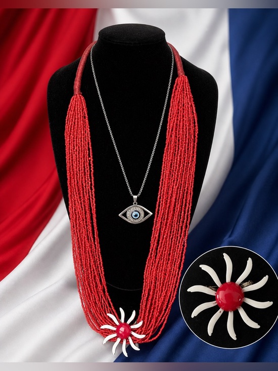 Vintage Jewelry - Vintage Seed Bead Necklace, Evil Eye Necklace & Sunburst Pendant